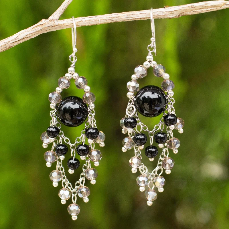 custom birthstone earrings for gifts -Brilliant Meteor Chandelier Style Earrings with Onyx and Glass Beads