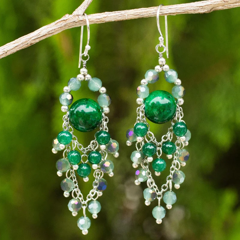 silver earrings for sensitive ears -Brilliant Meteor Green Quartz and Glass Bead Chandelier Style Earrings