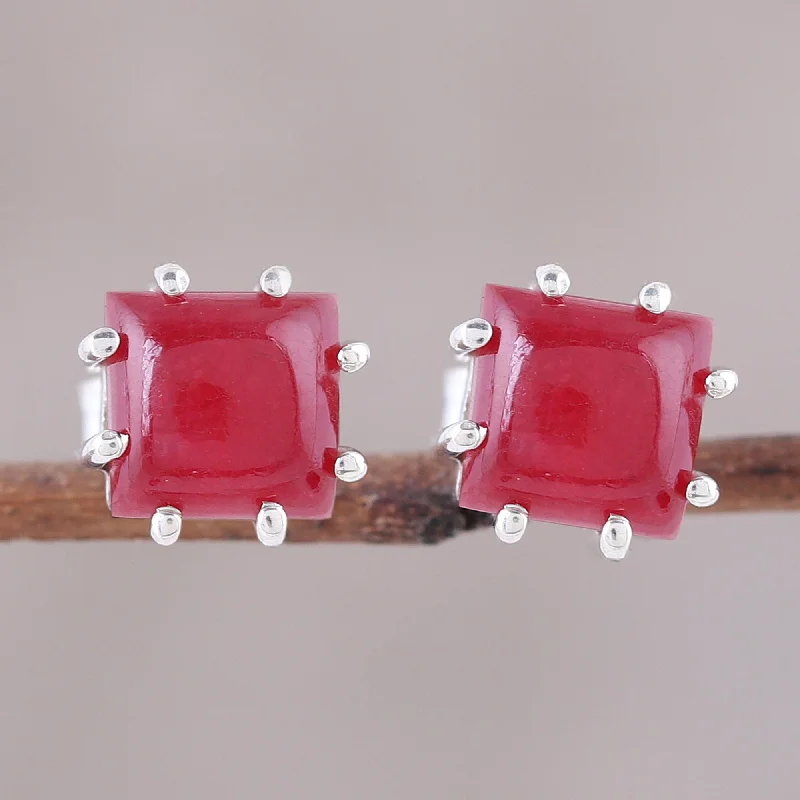 hoop earrings for everyday wear -Brilliant Red Red Jasper and Sterling Silver Button Earrings from India