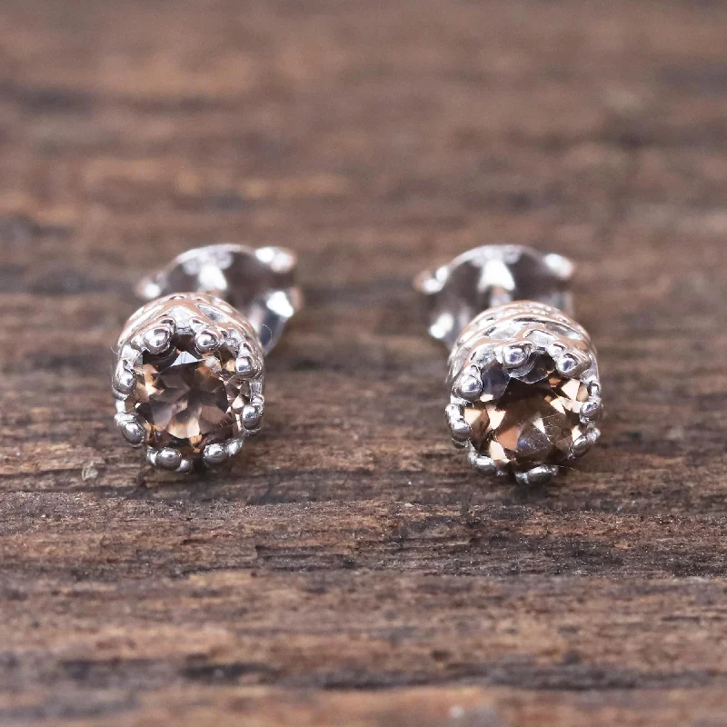 unique earrings for fashionistas -Brilliant Splendor Rhodium Plated Smoky Quartz Stud Earrings from Thailand