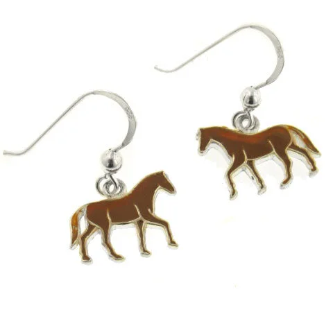 hoop earrings with charms for women -Brown Enameled Running Horse Sterling Silver Earrings