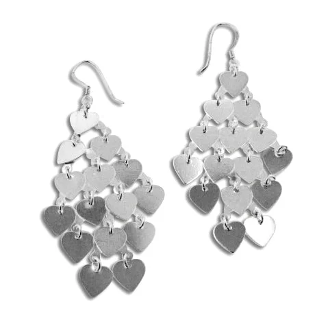 silver chain earrings for women -Cascading Shower of Hearts Tiered Hook Sterling Silver Earrings