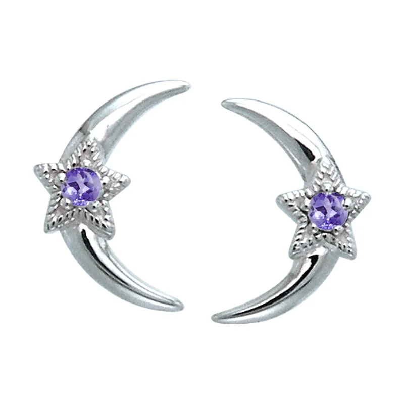 hoop earrings for everyday wear -Celestial Star Crescent Moon ~ Amethyst, Blue Topaz, Garnet Sterling Silver Post Stud Earrings