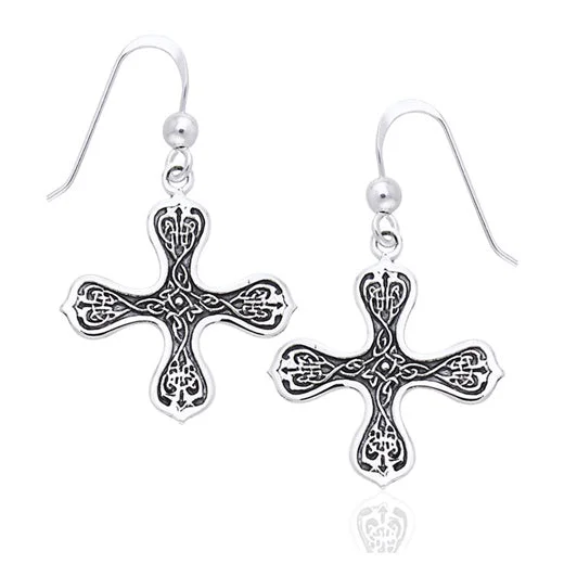 luxury pearl earrings for brides -Celtic Cross of the Spirit Knotwork Symbols Sterling Silver Hook Earrings