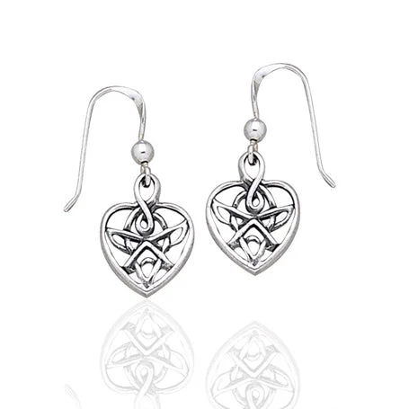 black earrings for fashionistas -Celtic Knotted Heart Shaped Sterling Silver Hook Earrings