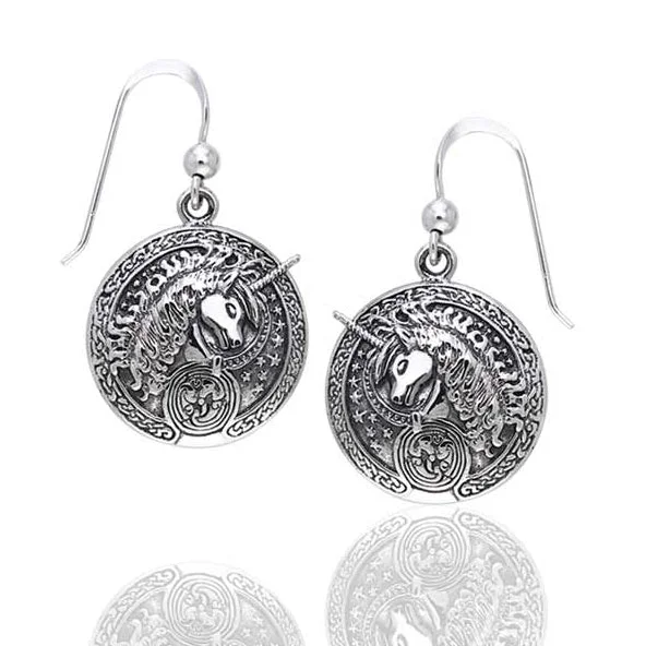 textured earrings for fashion lovers -Courtney Davis Sterling Silver Celtic Unicorn Medallion Hook Earrings