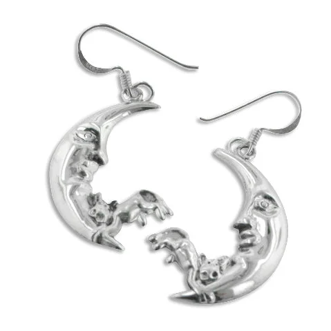 custom name earrings for gifts -Whimsical Riddle - Cow Jumps Over the Moon Rhyme Sterling Silver Earrings