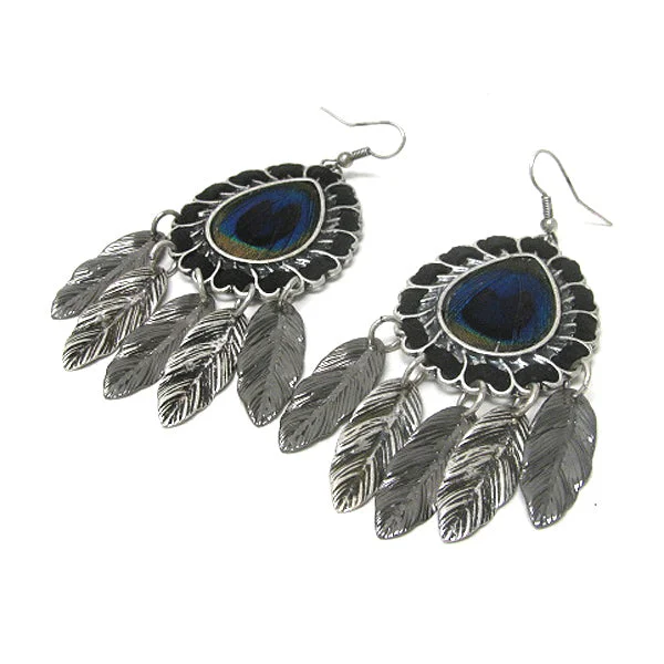 gold stud earrings for women -Dangling Leaves and Threaded Suede Fabric Peacock Feather Earrings