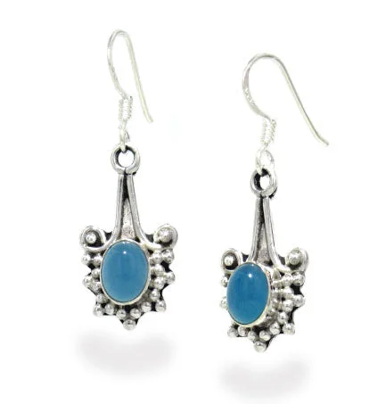 pearl drop earrings for brides -Genuine Blue Chalcedony Sterling Silver Hook Earrings