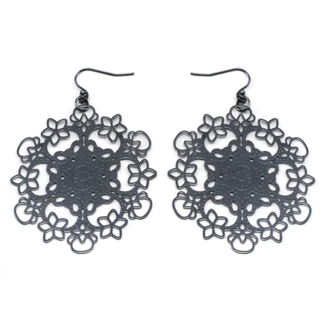 crystal earrings for special occasions -Dark Filigree Snowflake Metal Disc Hook Earrings