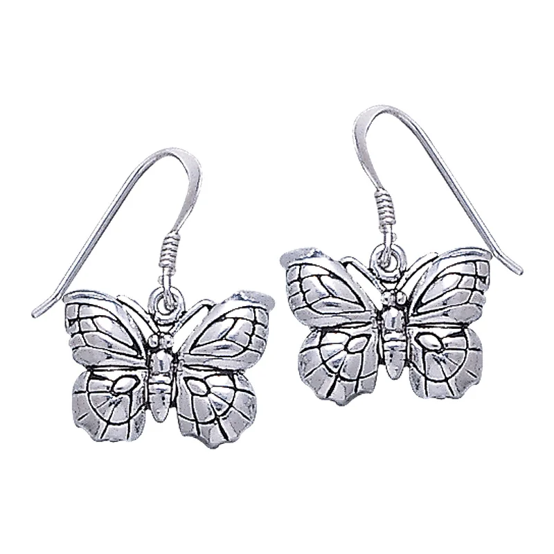 boho style earrings for women -Detailed Curved Butterfly Sterling Silver Hook Earrings