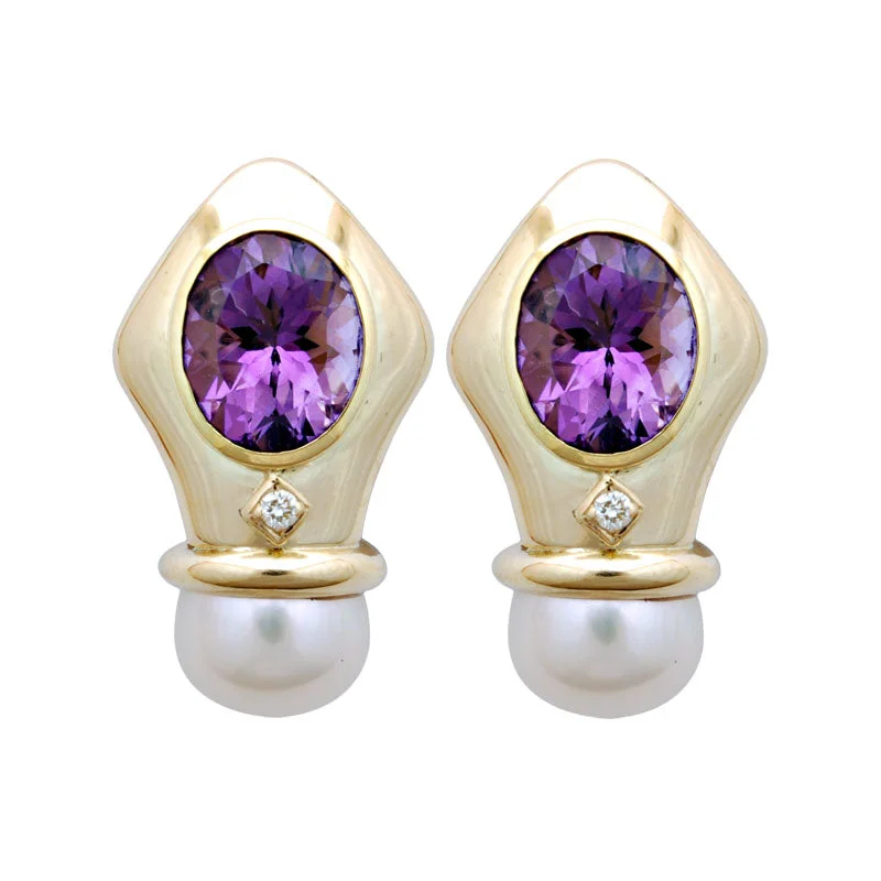 diamond stud earrings for women -Earrings-Amethyst, Pearl and Diamond