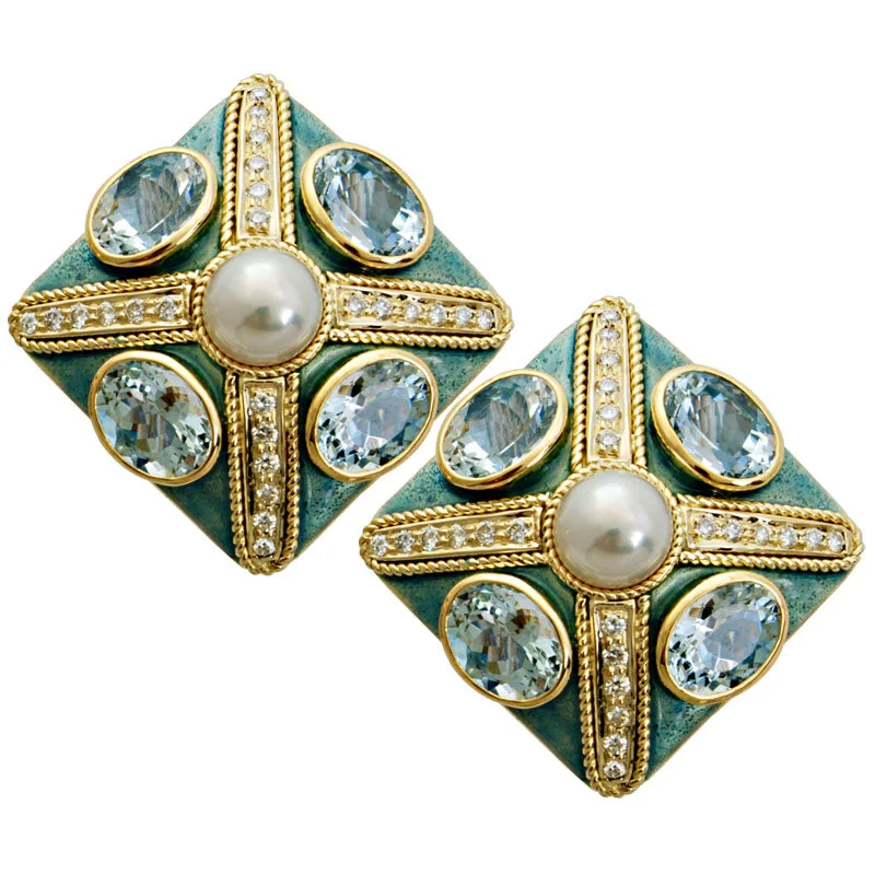 drop earrings for evening wear -Earrings-Aquamarine, Pearl and Diamond (Enamel)