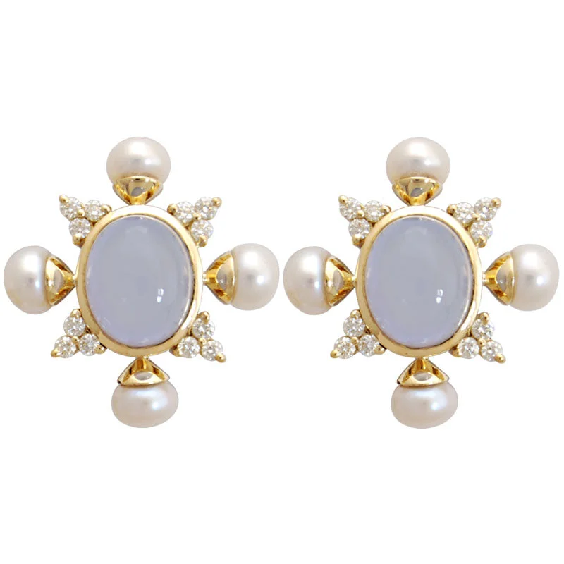 fashion statement earrings for women -Earrings-Chalcedony, Pearl and Diamond