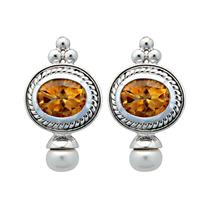 silver hoop earrings for girls -Earrings-Citrine and Pearl