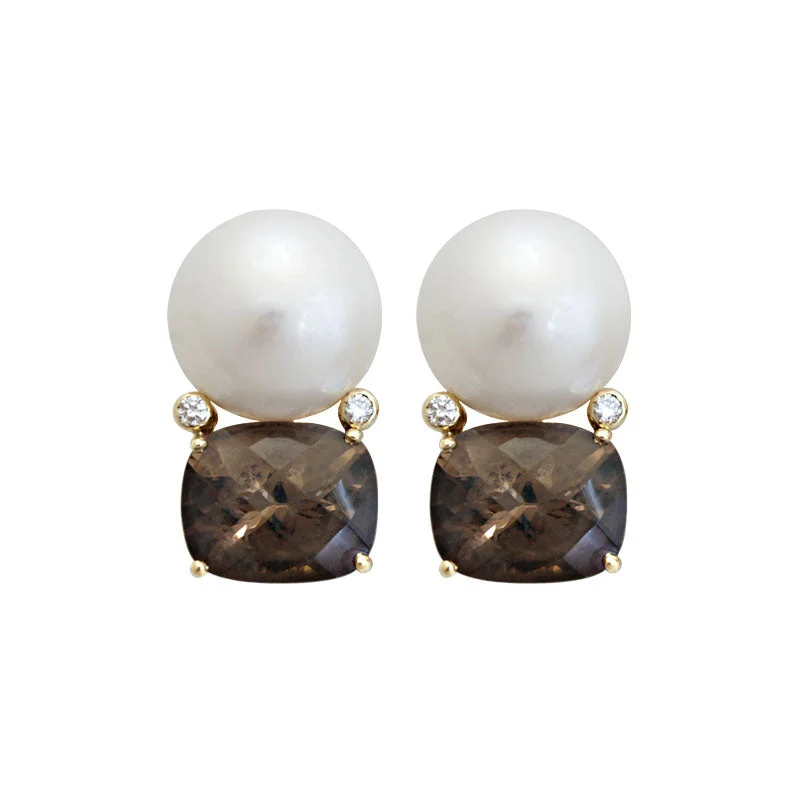 flower earrings for girls -Earrings-Pearl, Smokey Quartz and Diamond