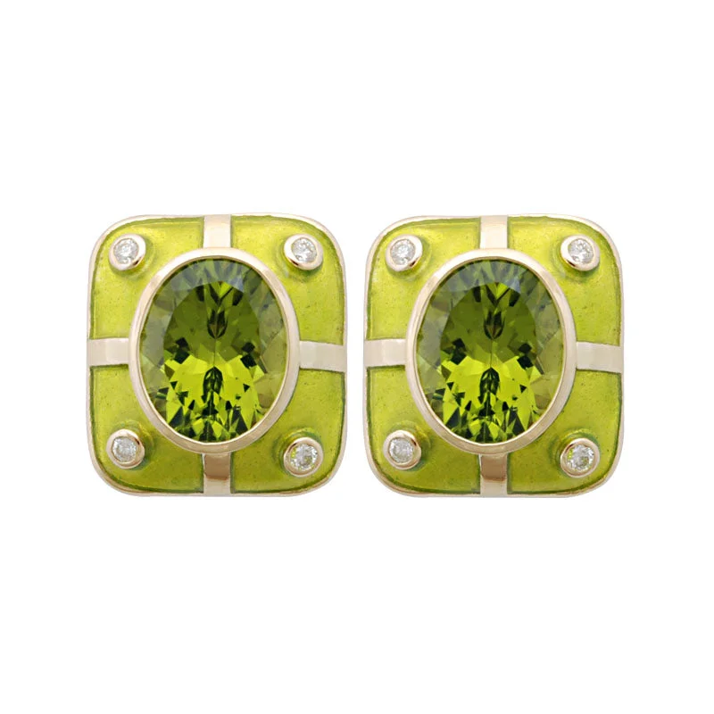 gold earrings for bridesmaids -Earrings-Peridot and Diamond (Enamel)