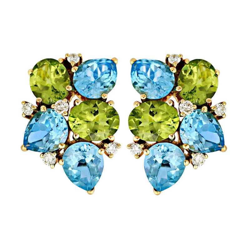 silver heart earrings for women -Earrings-Peridot, Blue Topaz and Diamond