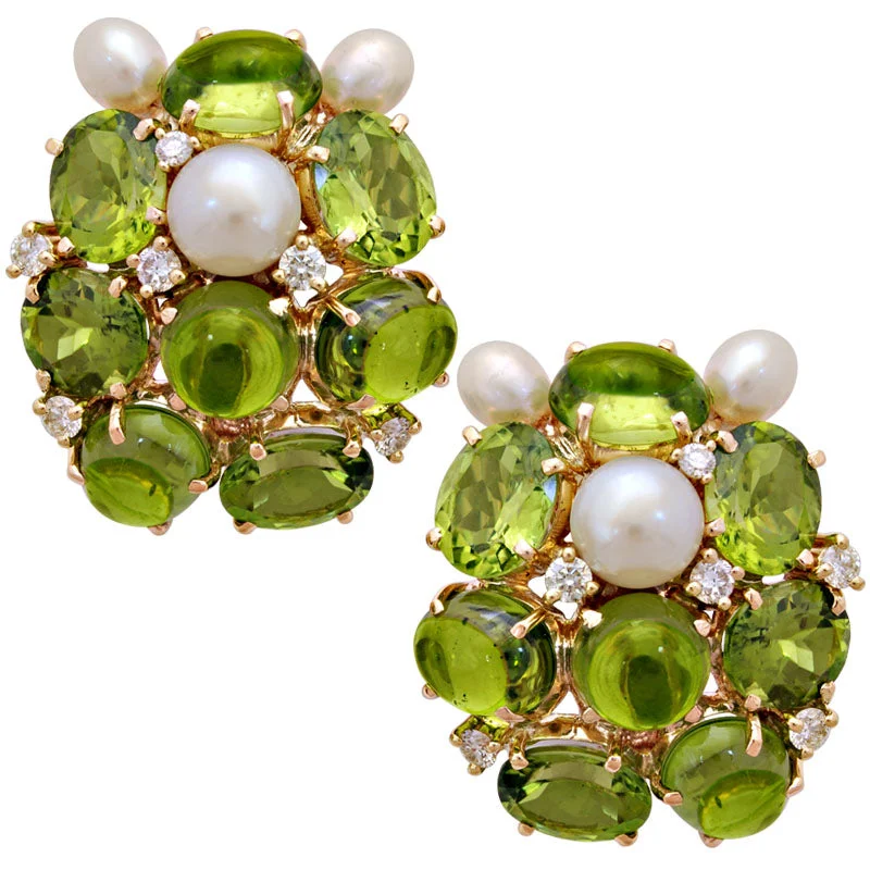 gemstone earrings for special occasions -Earrings-Peridot, Pearl and Diamond