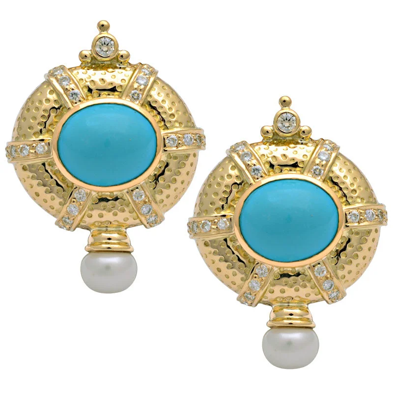 diamond hoop earrings for evening wear -Earrings-Turquoise, Pearl and Diamond