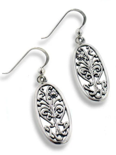 gold dangling earrings for women -Flowering Tree of Life Religious Symbol Filigree Sterling Silver Oval Earrings