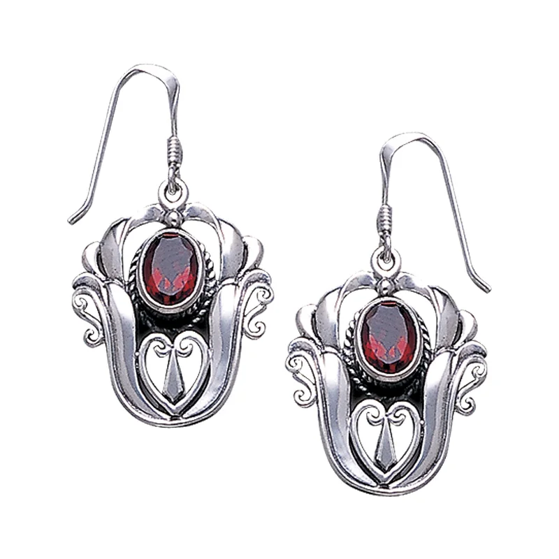 sterling silver drop earrings for women -Garnet Scrollwork Tulip Flower Sterling Silver Hook Earrings