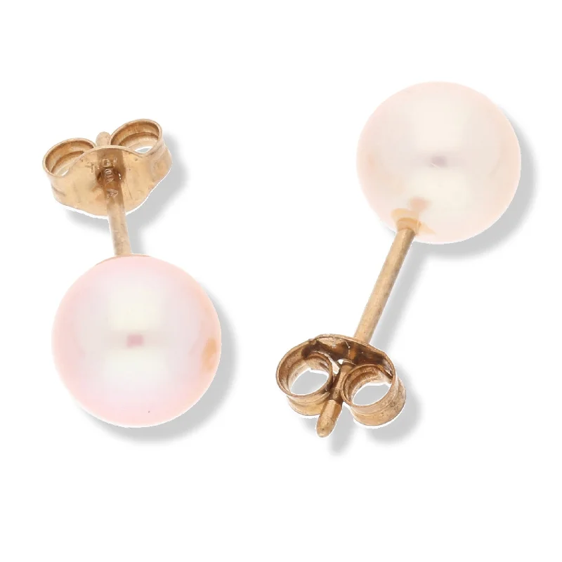 vintage style earrings for weddings -Genuine Round Pink Cultured Pearl 10K Gold Stud Earrings