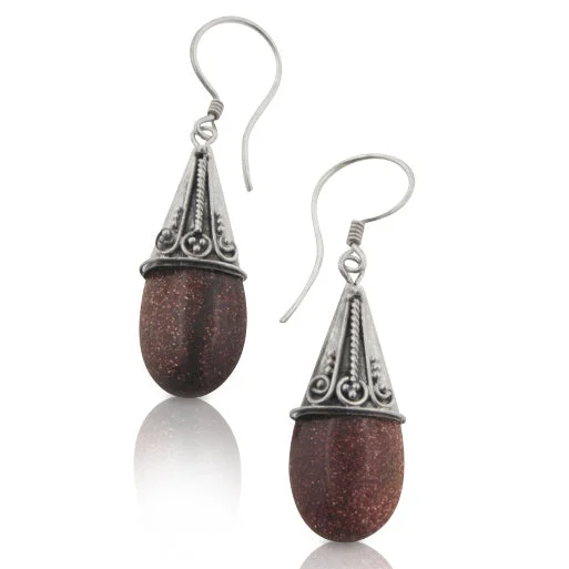 geometric earrings for women -Genuine Goldstone Teardrop Sterling Silver Earrings