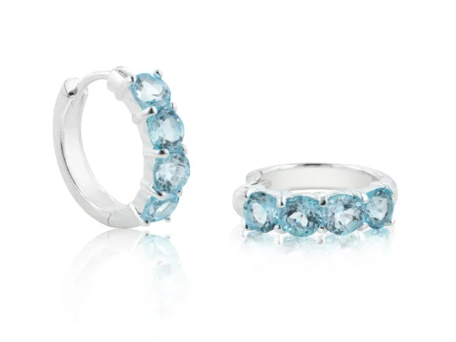 gemstone earrings for special occasions -Genuine Sterling Silver 4-Stone Sky Blue Topaz Hoop Earrings