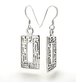 silver heart earrings for women -Greek Key Geometric Rectangle Sterling Silver Hook Earrings