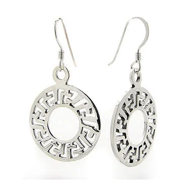 flower earrings for girls -Round Greek Key Geometric Circle Sterling Silver Hook Earrings