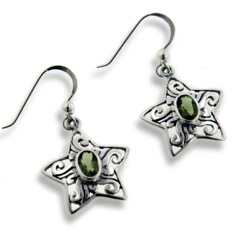 diamond hoop earrings for evening wear -Genuine Green Moldavite Scrollwork Sterling Silver Star Hook Earrings