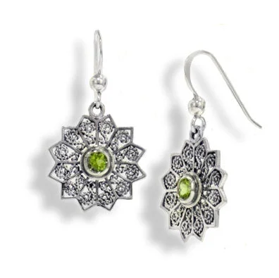 colorful earrings for women -Flower Starbursts with Genuine Peridot Filigree Sterling Silver Hook Earrings