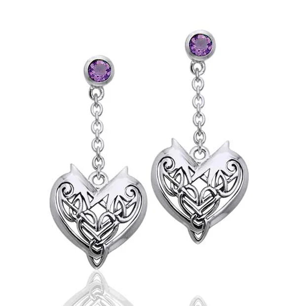 crystal stud earrings for bridesmaids -Joyous Heart Celtic Knot Chain Dangle and Amethyst Sterling Silver Earrings