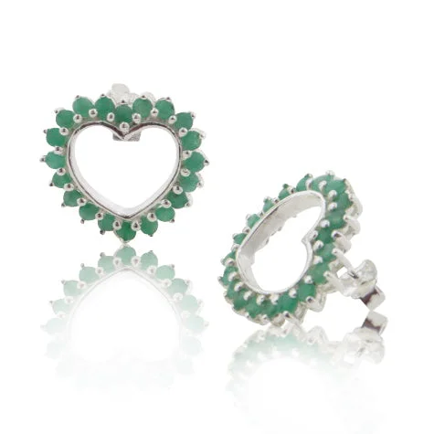 statement earrings for casual wear -Large Sterling Silver 3cttw Genuine Emerald Open Heart Stud Earrings