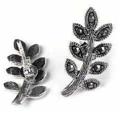 tribal earrings for men -Marcasite Willow Leaf Sterling Silver Stud Post Earrings