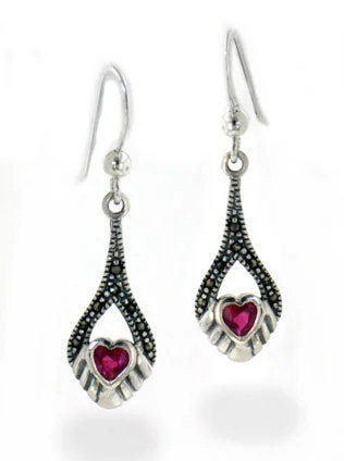 gold and silver earrings for women -Marcasite and Synthetic Ruby Graduated Heart Drop Sterling Silver Earrings