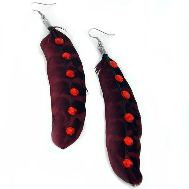 enamel earrings for kids -Maroon Feathers with Red Crystals Hippie Dangle Earrings - Extra Large